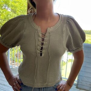 Free People Olive Lace-Up Blouse